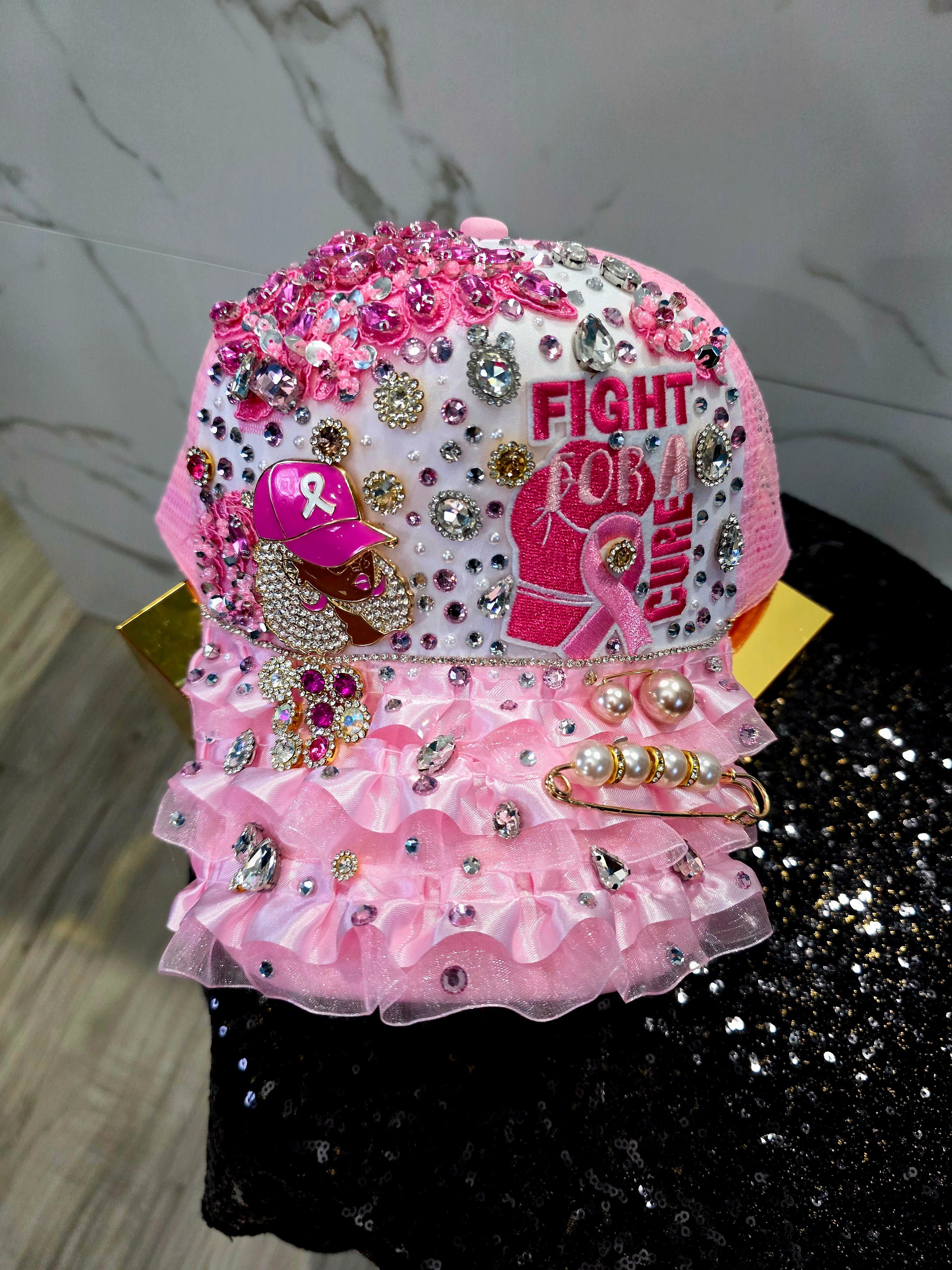 Pink Ruffle Fight For  Cure Custom Cap🩷
