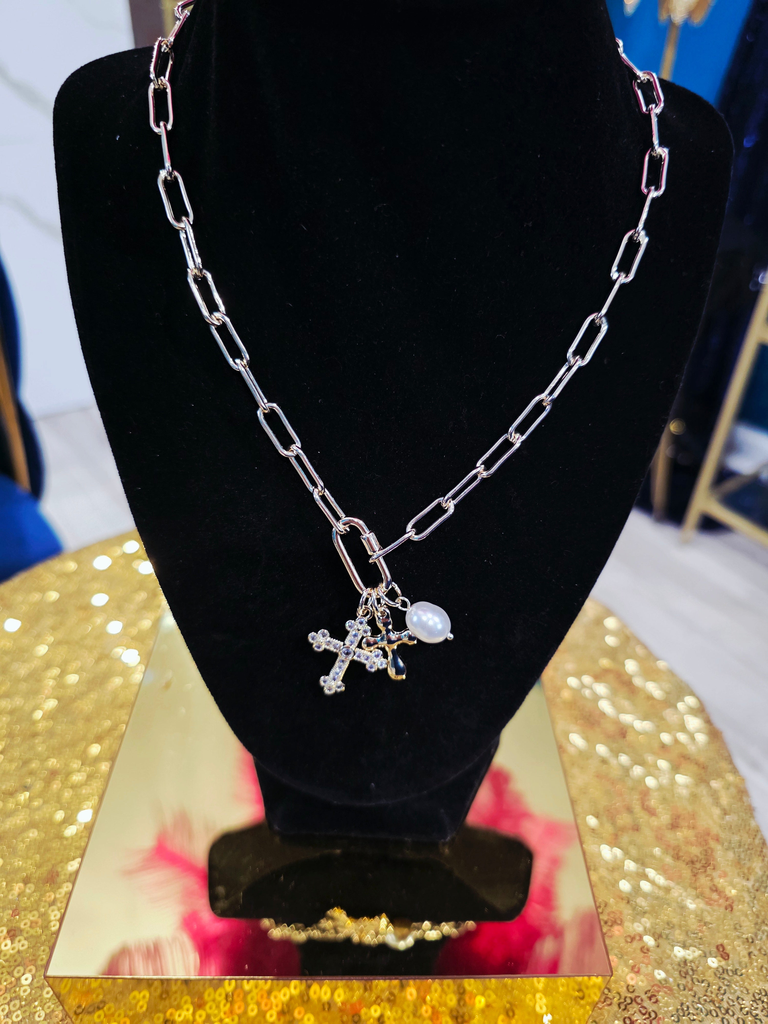 Double Cross Pearl Charm Link