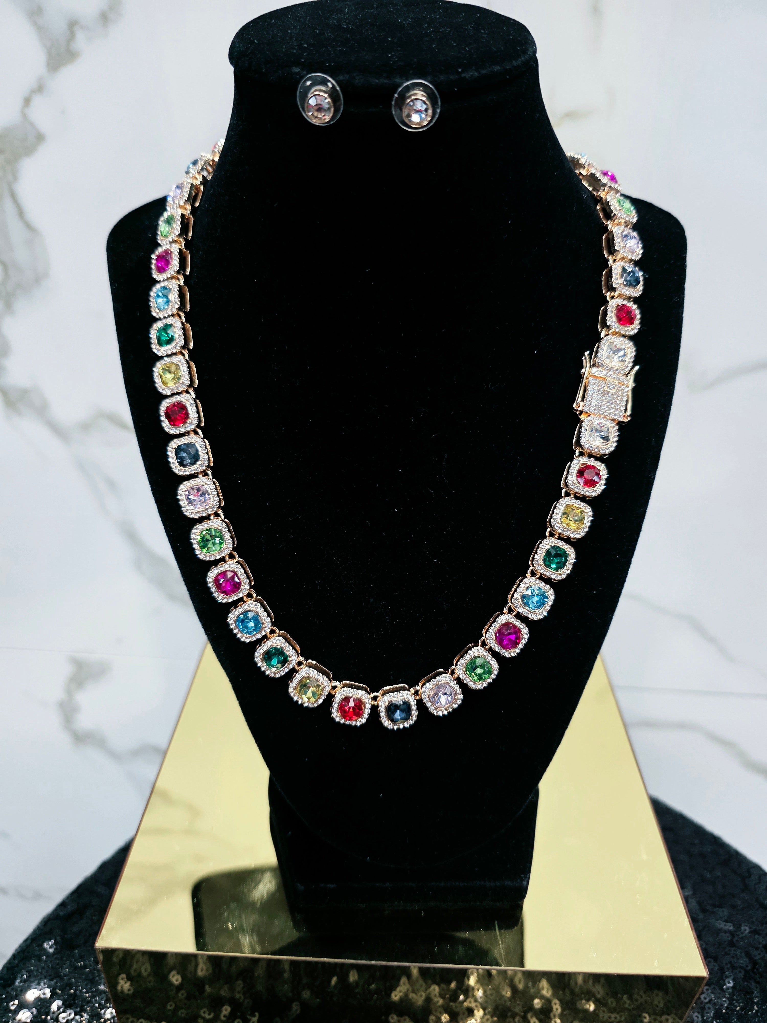 Colorful Cube Rhinestone Clamp Necklace Set