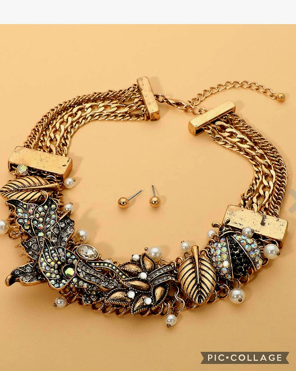 Gold Tone Ladybug Gem Necklace