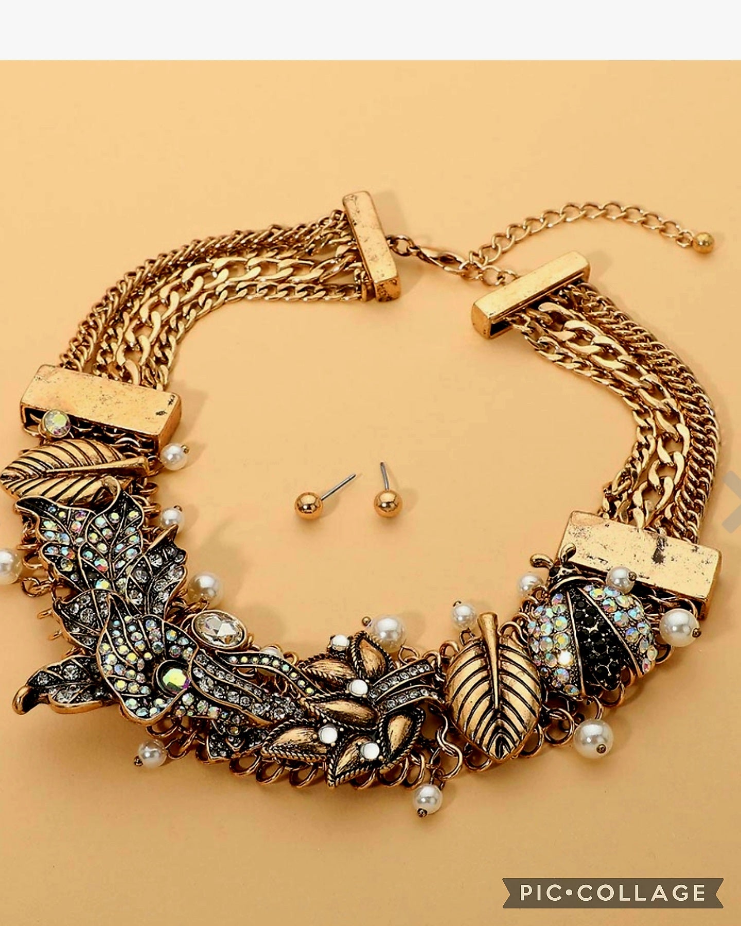 Gold Tone Ladybug Gem Necklace
