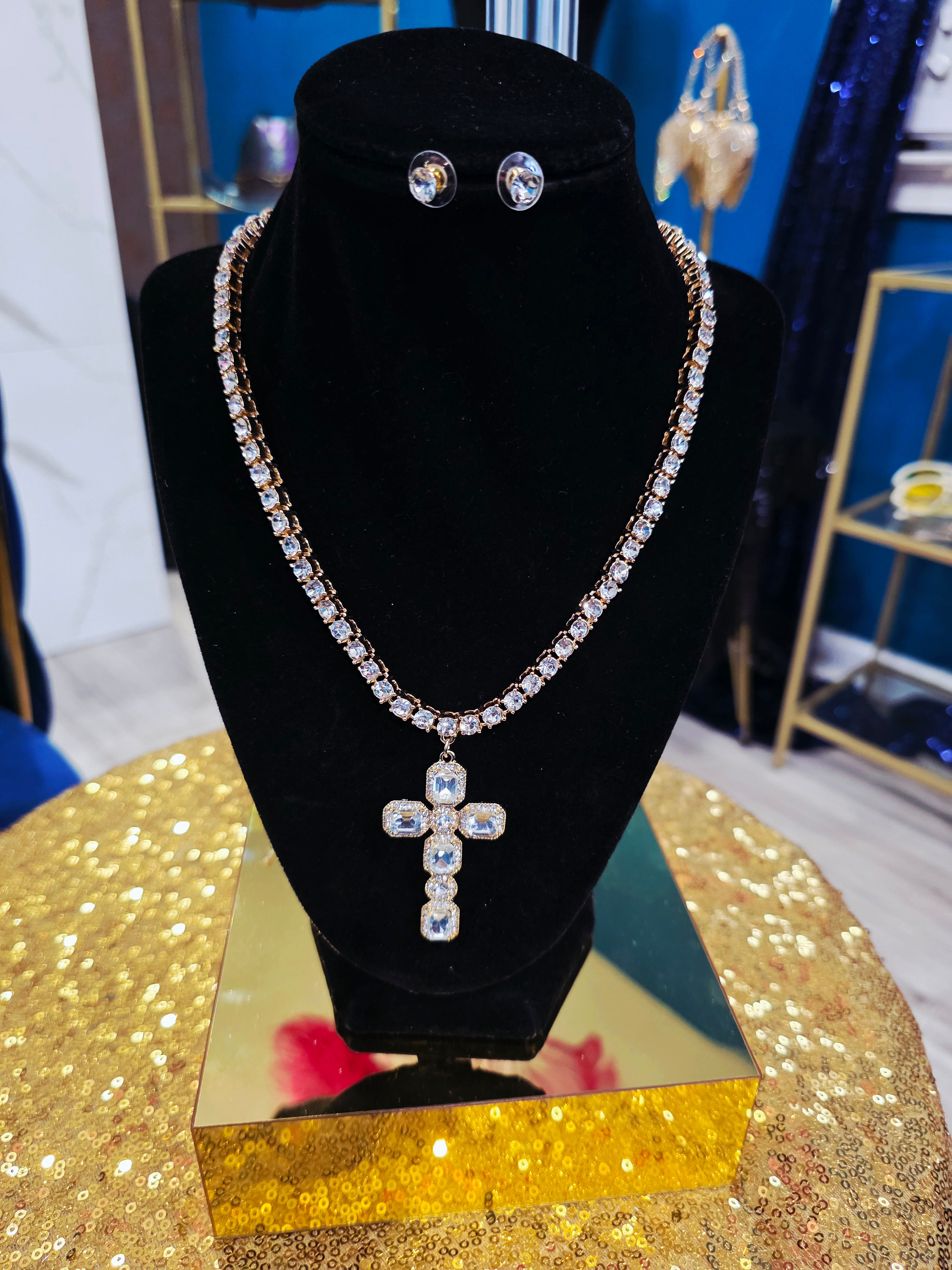 Gold Cross Rhinestone Necklace