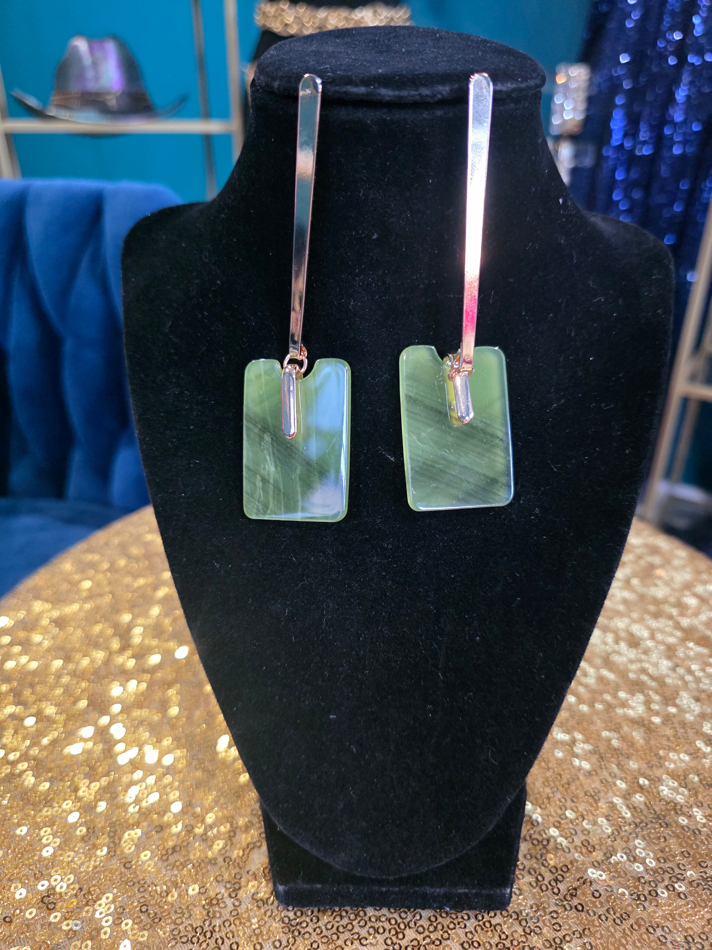 Green Flat Long Stem Earrings