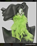 Lime Green Rhinestone Feathered Earrings