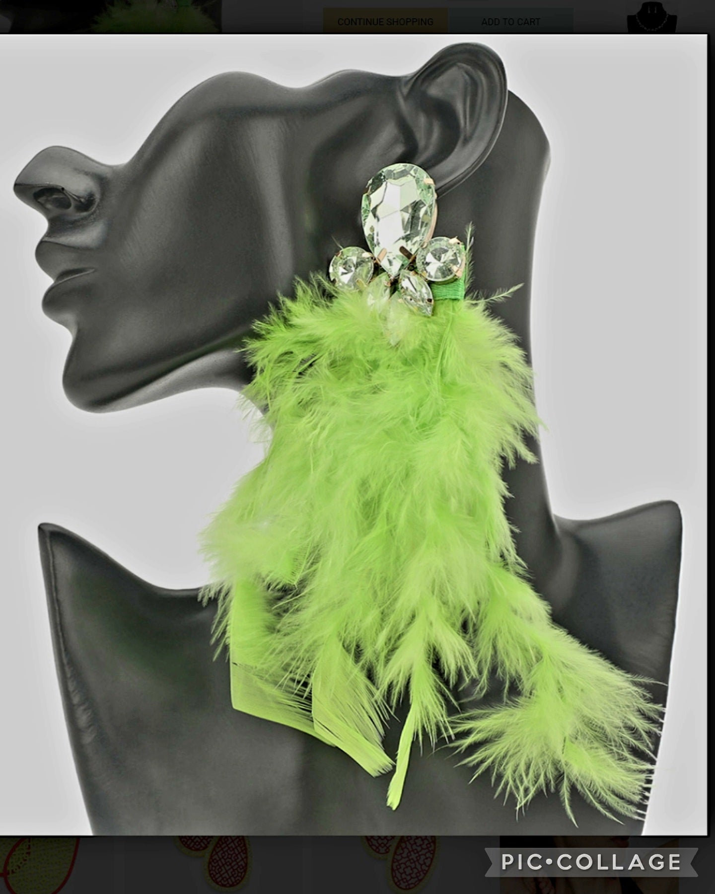 Lime Green Rhinestone Feathered Earrings