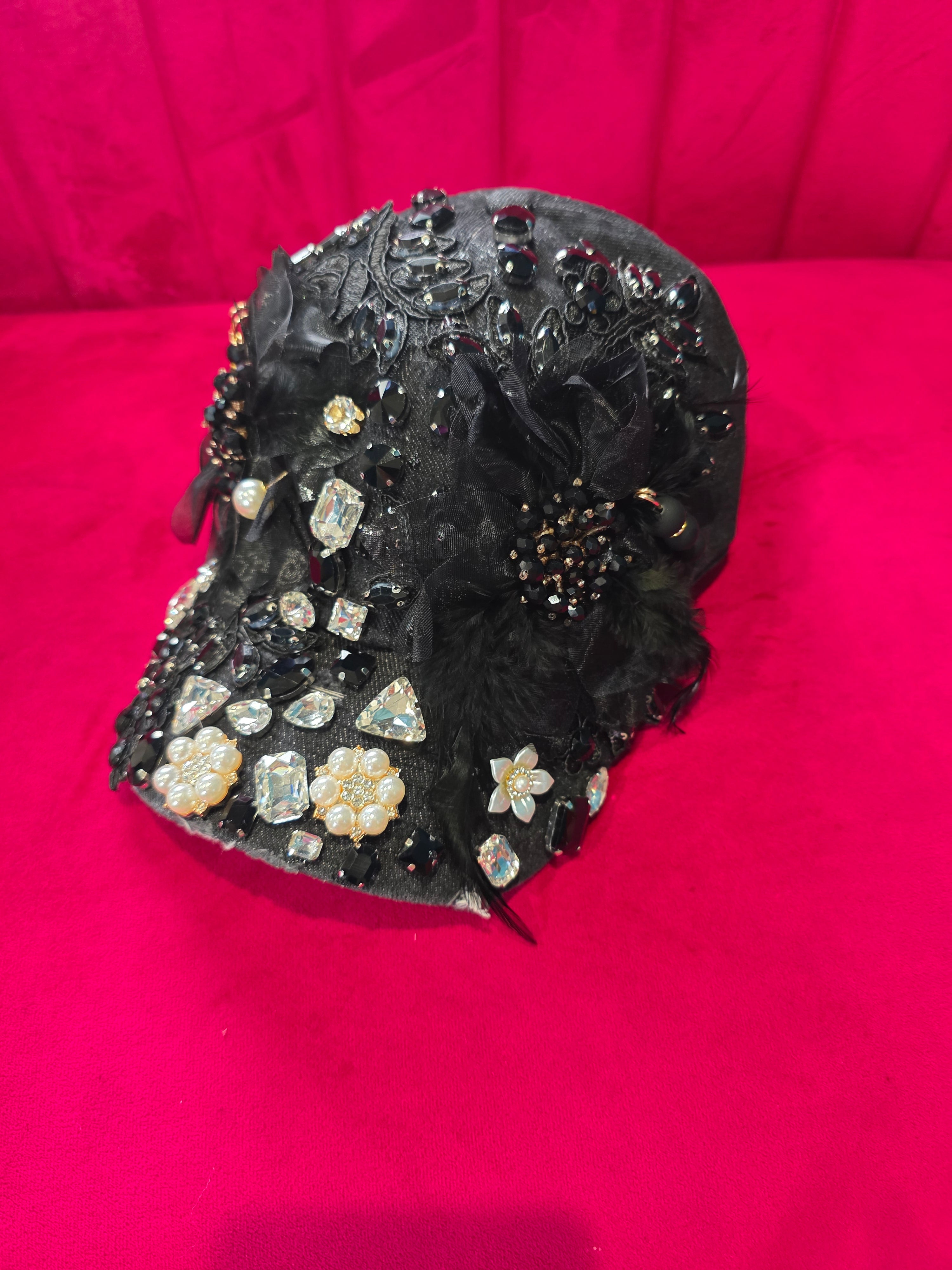 Black Flowered Rhinestone Cap
