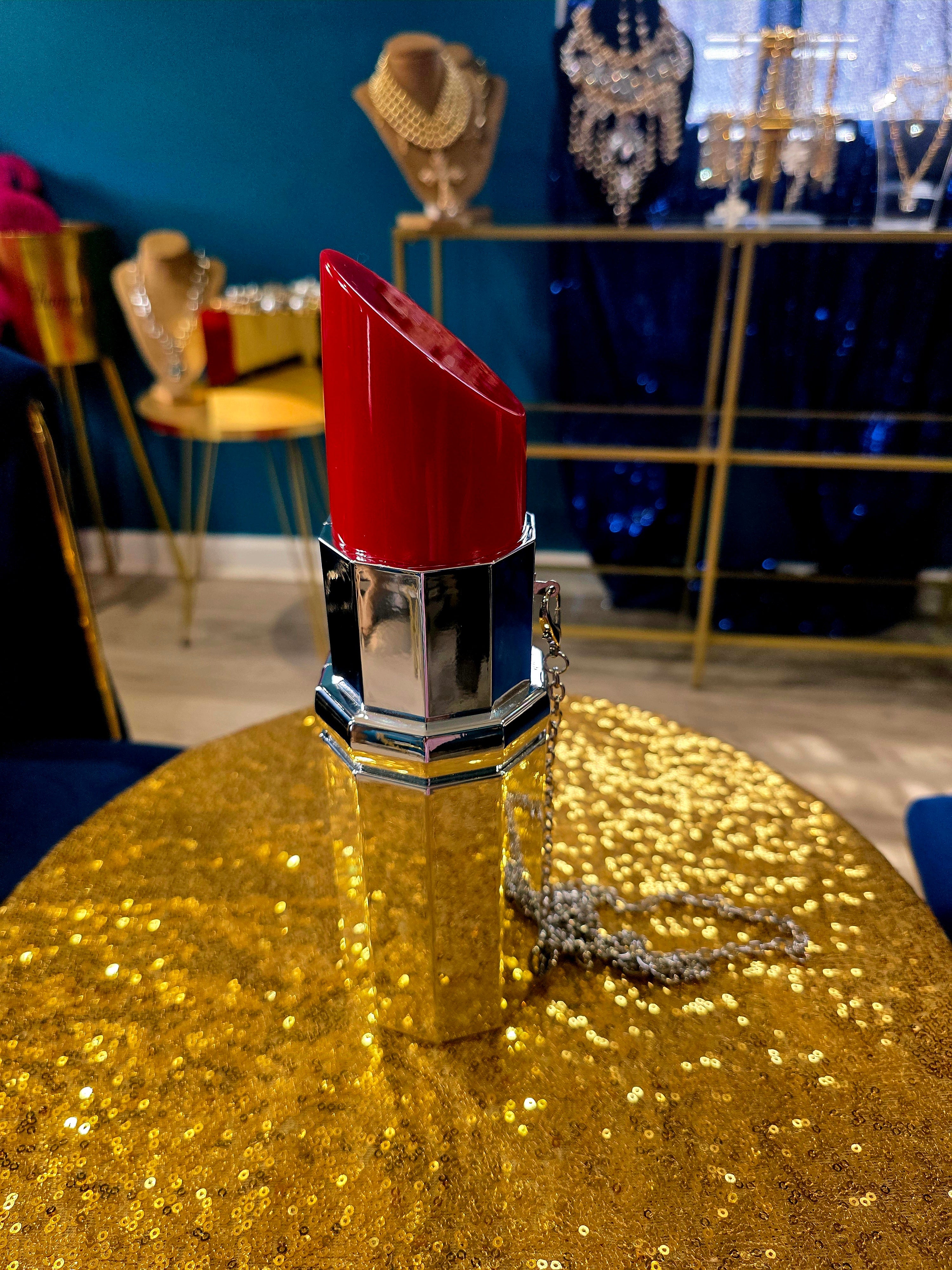 Red Lipstick Silver Bottom Clutch