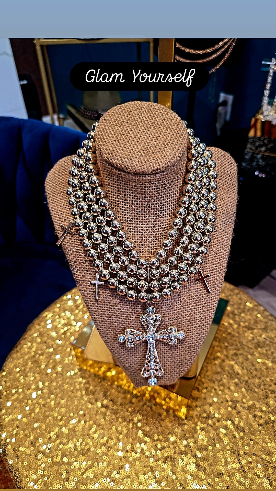 Gold Beaded Cross Necklace