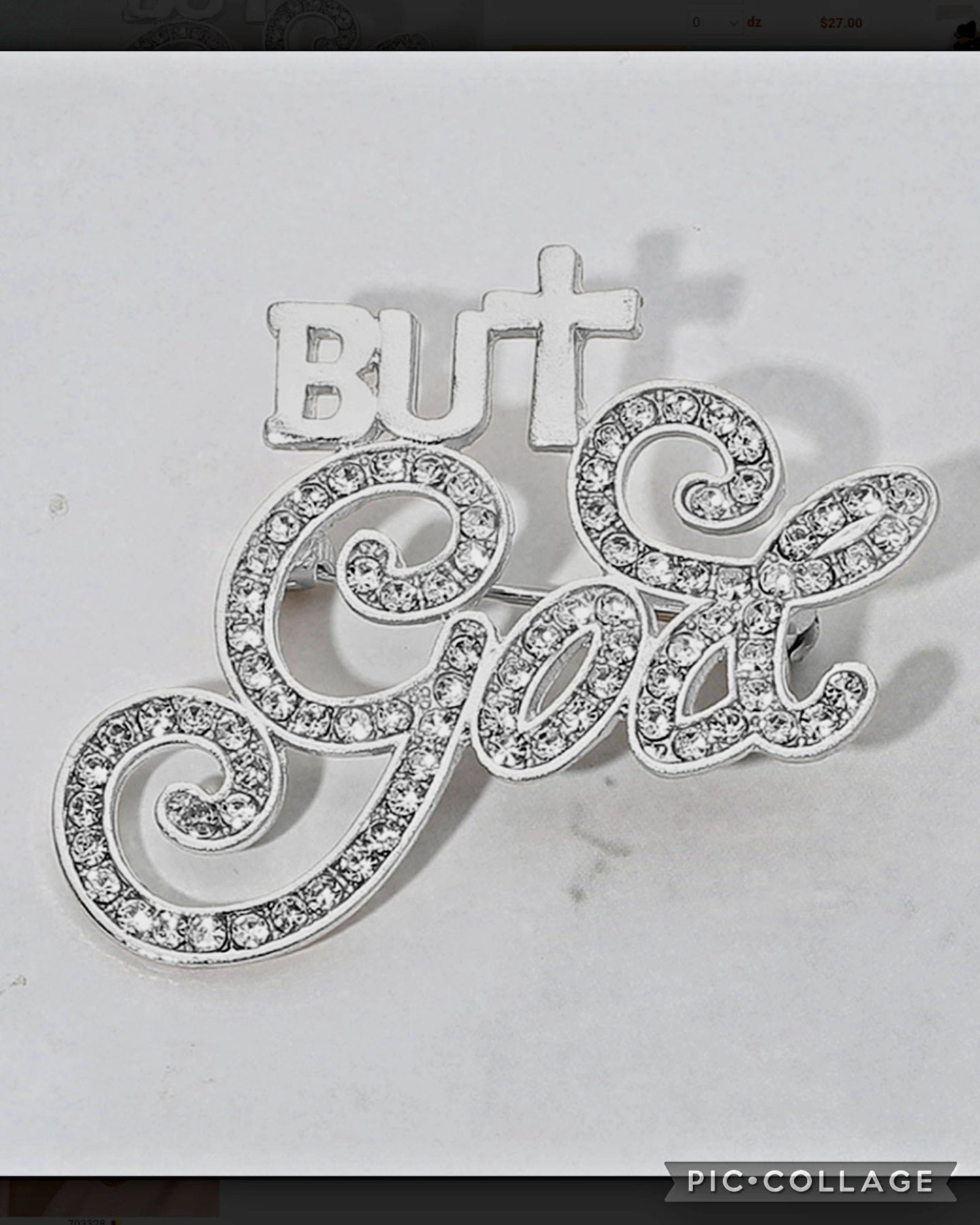 Silver Rhinestone "But God" Brooch