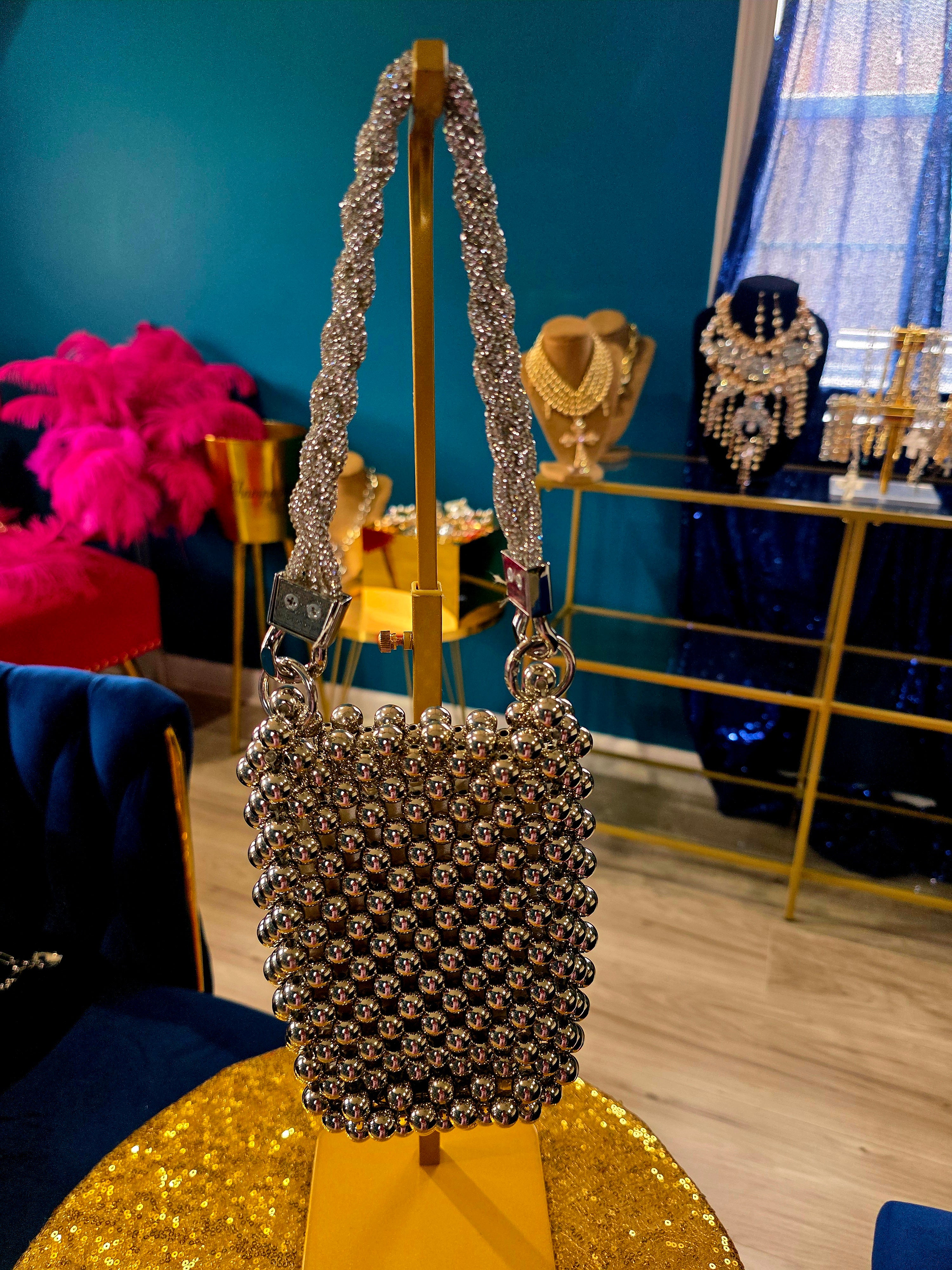 Silver Bead Rhinestone Clutch