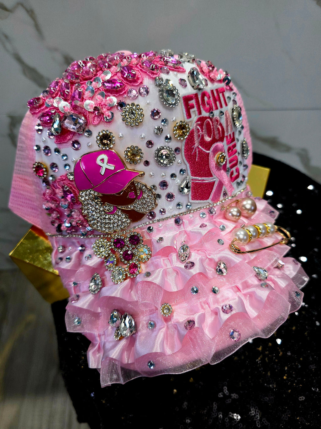 Pink Ruffle Fight For  Cure Custom Cap🩷