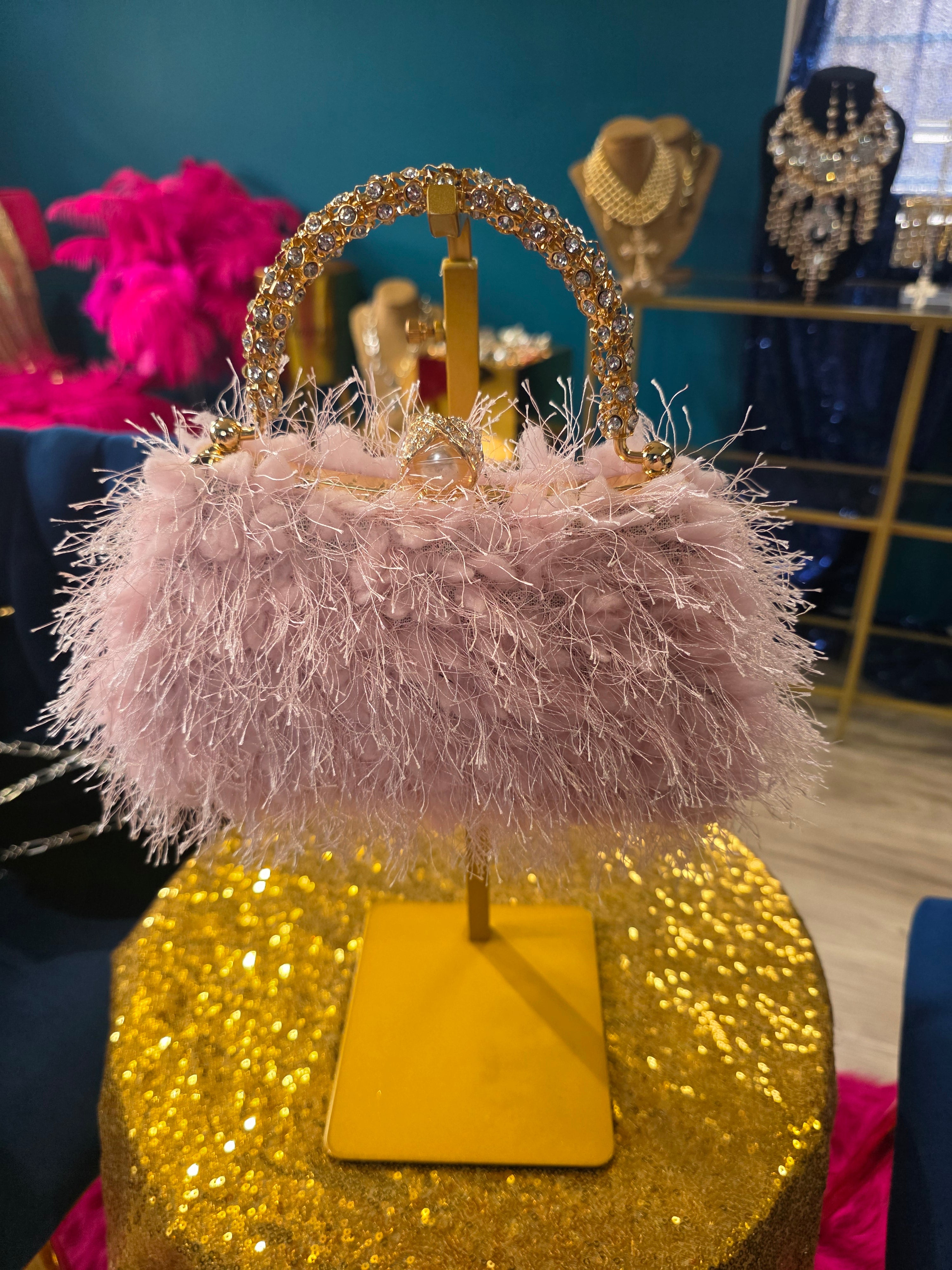 Pink Frilley Rhinestone Handle Clutch