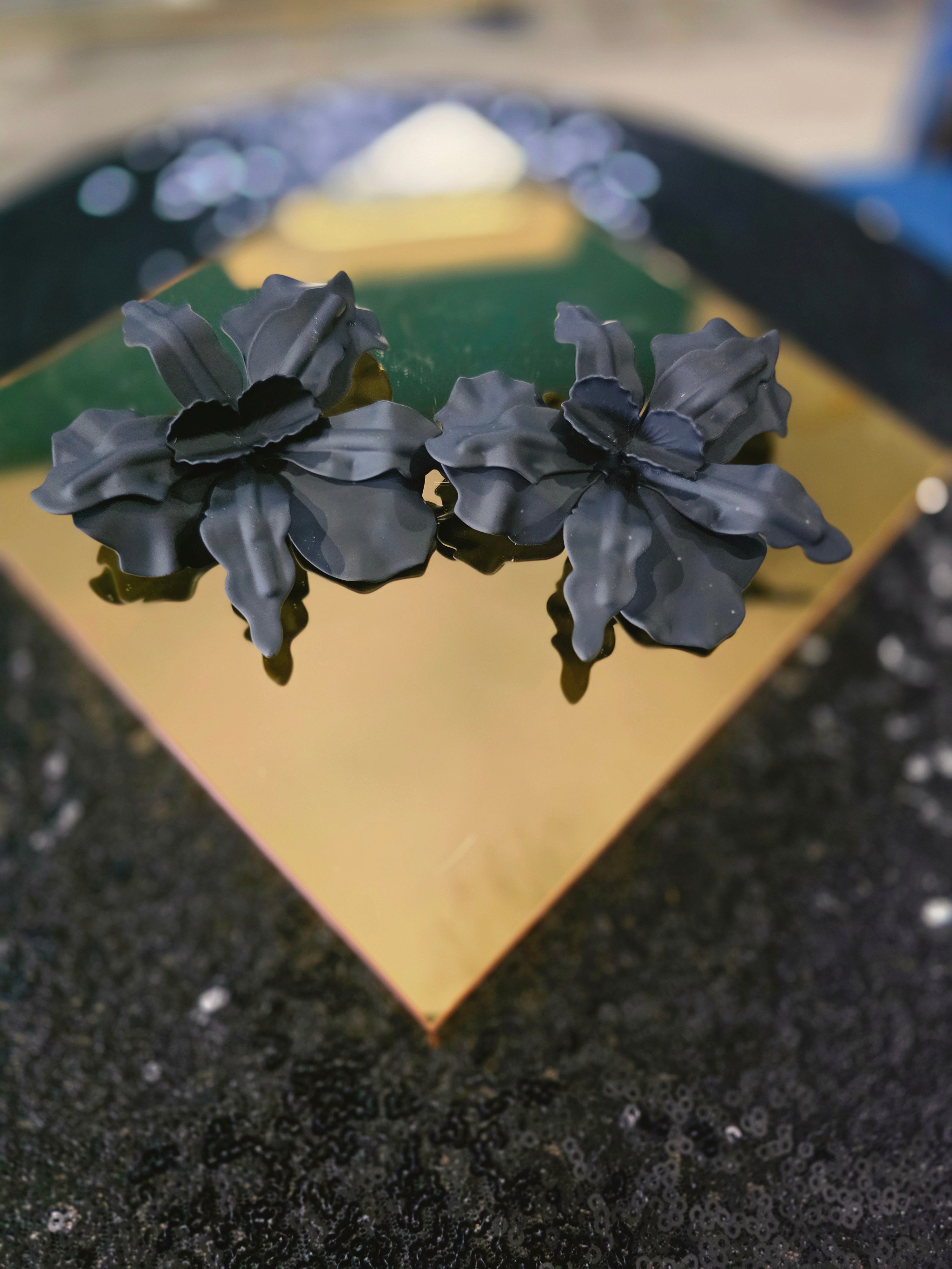 Black Flowered Clay Earrings