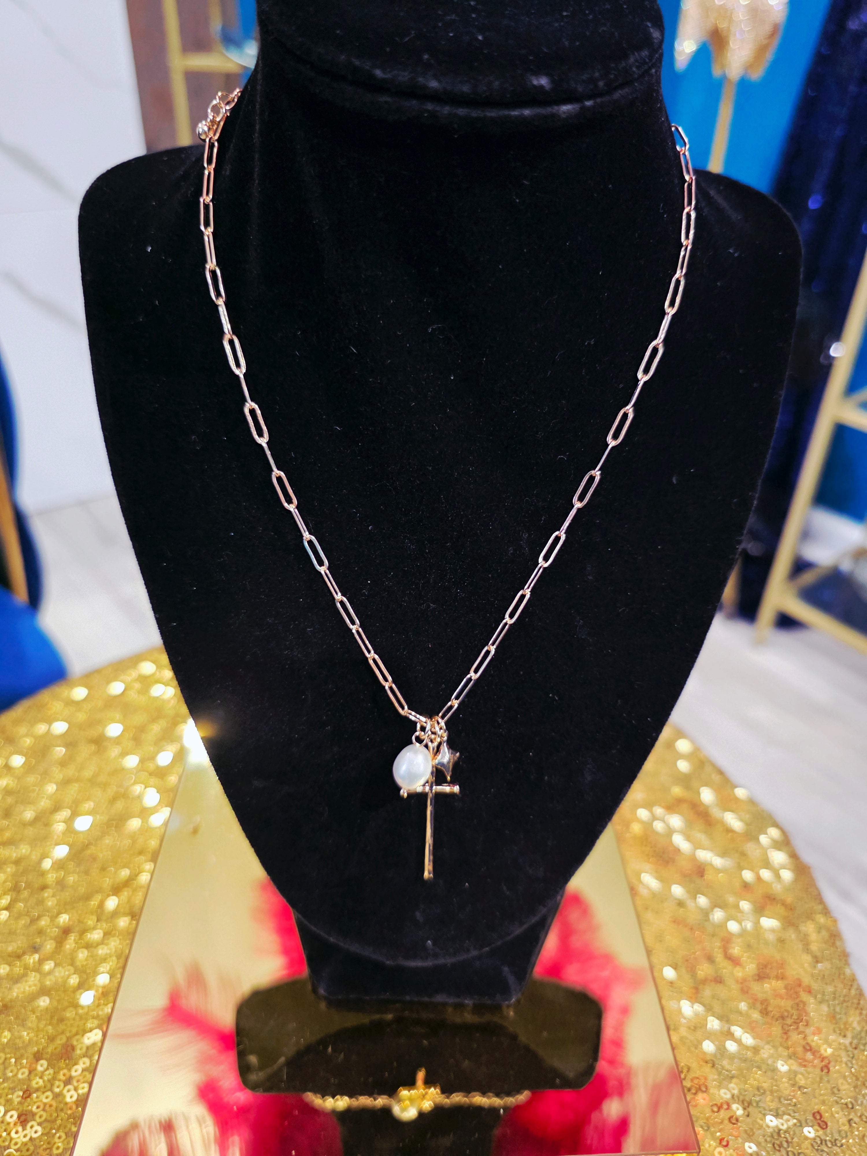 Gold Charm Pearl Skinny Link Necklace