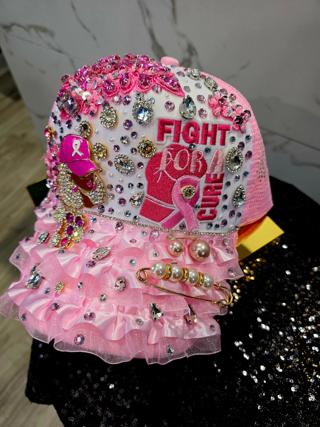 Pink Ruffle Fight For  Cure Custom Cap🩷